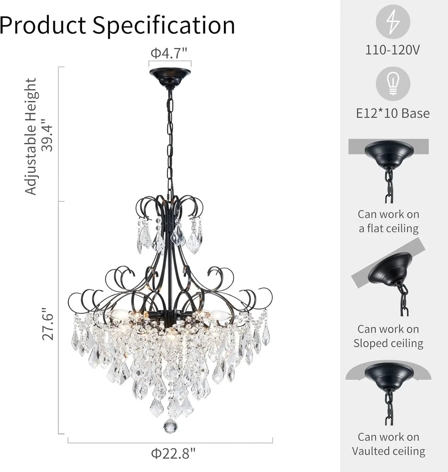 Black Crystal Chandelier 10 Light Pendant Ceiling Fixture from PriceLows™