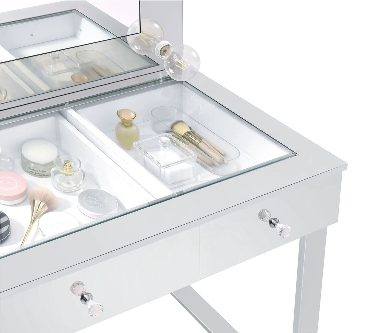Umbridge 3-drawer Vanity Set with Lighting Chrome and | 46.25 x 19.5 x 62 in | Tempered Glass & Metal | White