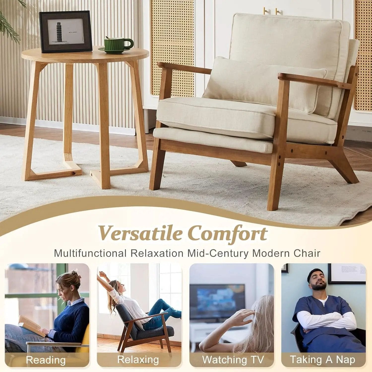 Beige Linen Upholstered Accent Chair Wide Armrests from PriceLows™