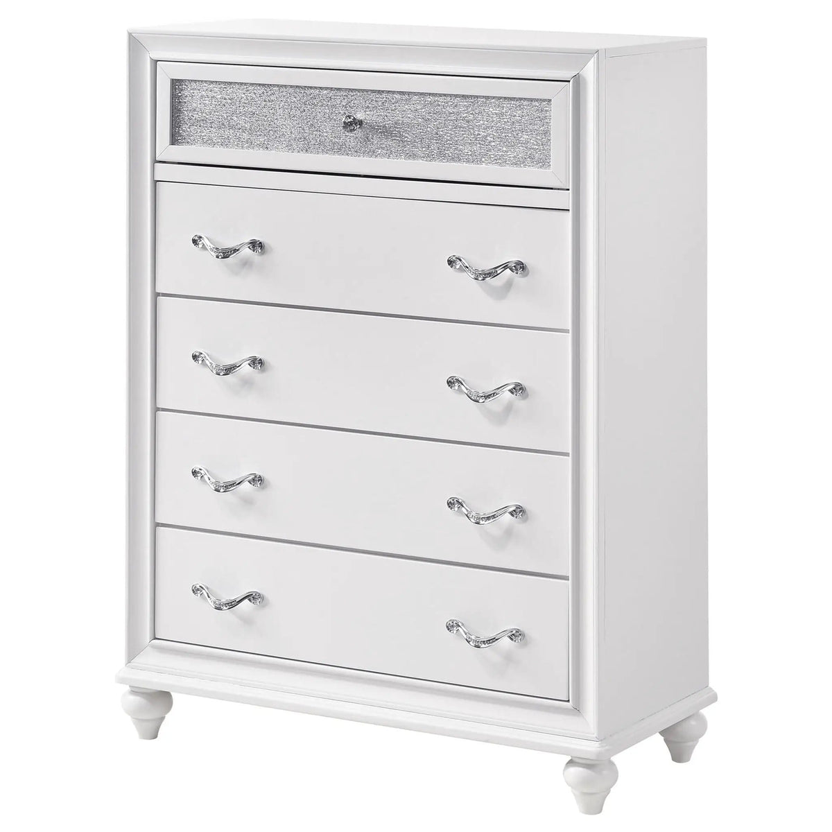 Barzini 5-drawer Bedroom Chest | 35.5 x 16.5 x 49.5 in | Crystal | White