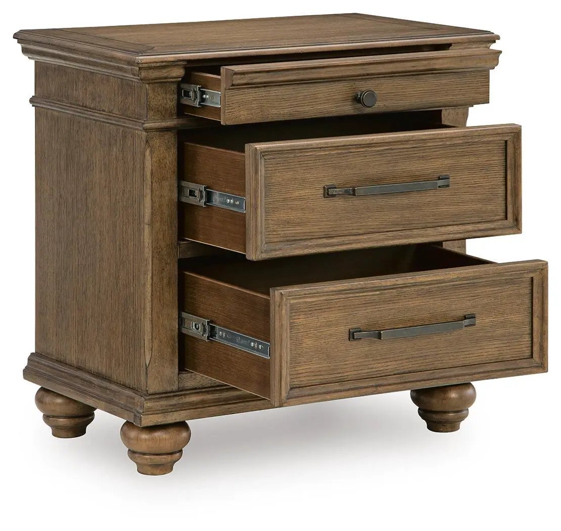 Karallin Three Drawer Nightstand | Medium Brown Finish | Oak Veneer | Lined Top Drawer