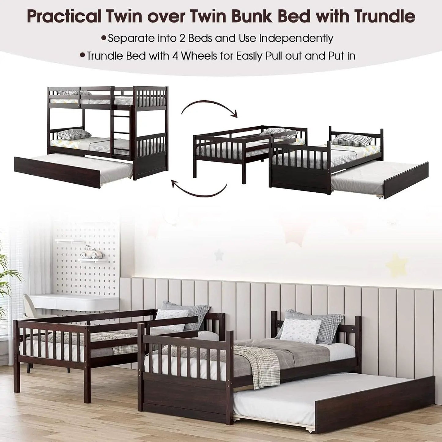 Twin Over Twin Bunk Bed With Trundle In Espresso Solid Wood from PriceLows™