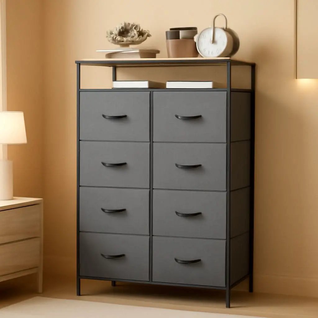 Charcoal Gray Fabric Dresser With Shelves And 8 Drawers from PriceLows™