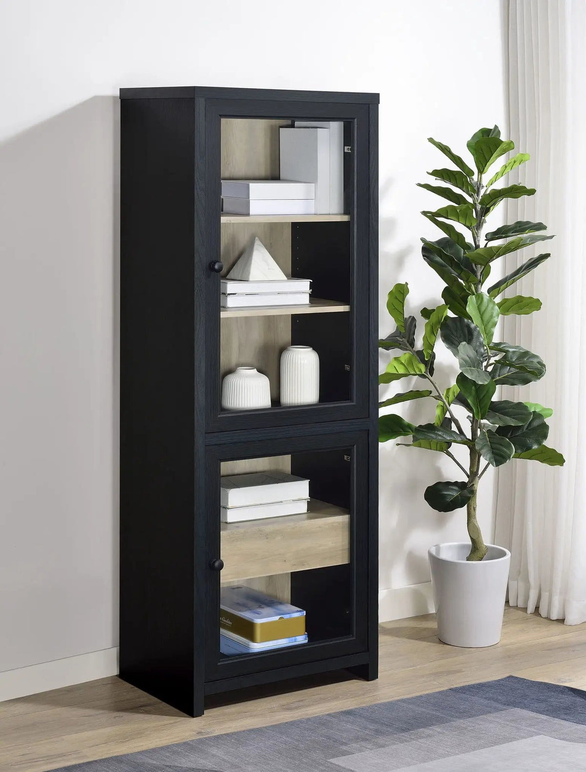 Denison 67-inch 2-door Media Tower Storage Cabinet Pier | 23.5 x 15.5 x 67 in | Glass | Black