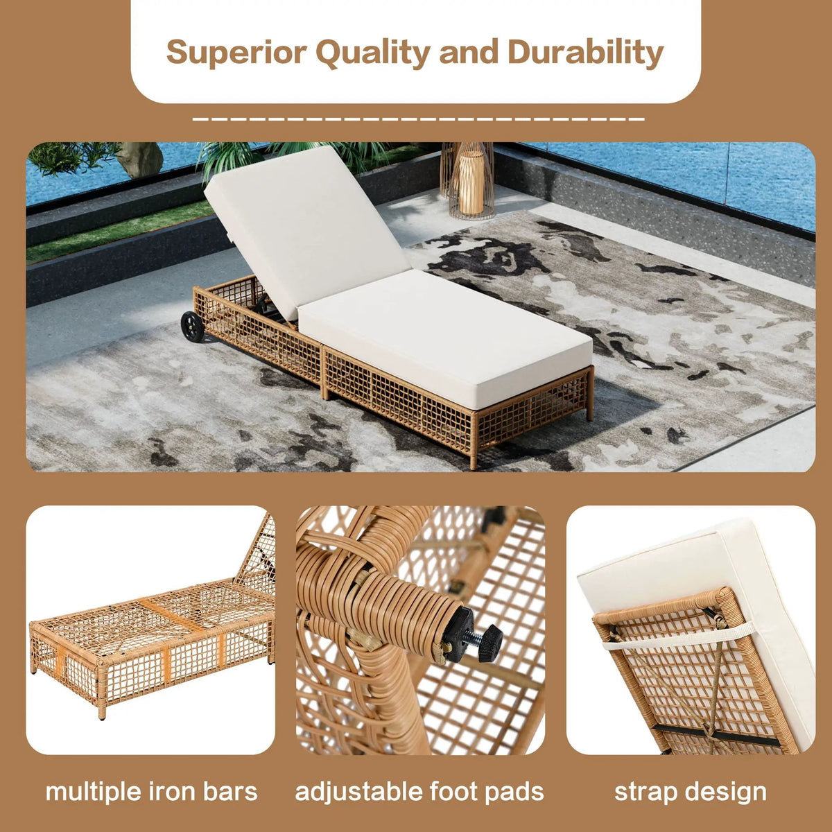 Outdoor Lounge Chair | 5 Position Reclining | Portable Wheels