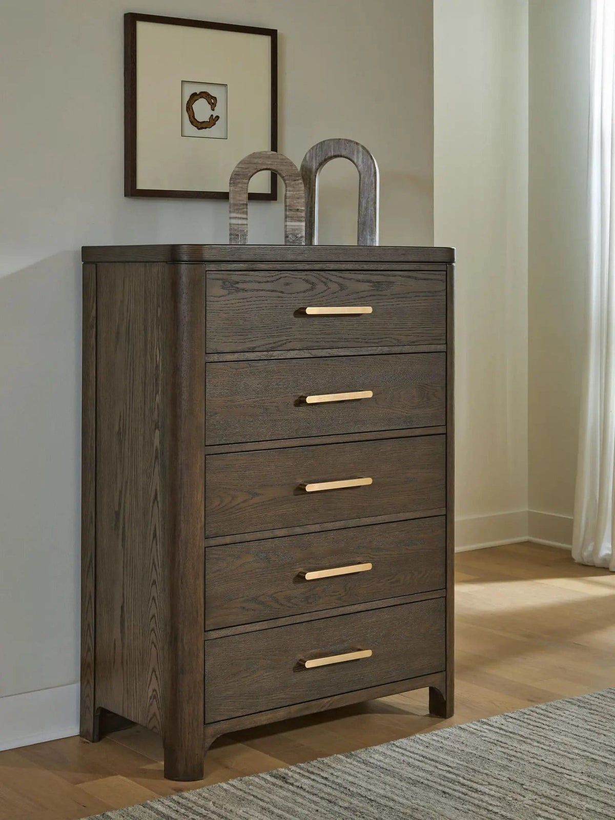 Radkin Five Drawer Chest | 38 x 19.5 x 52.25 in | Oak Veneer & Metal | Burnished Brown