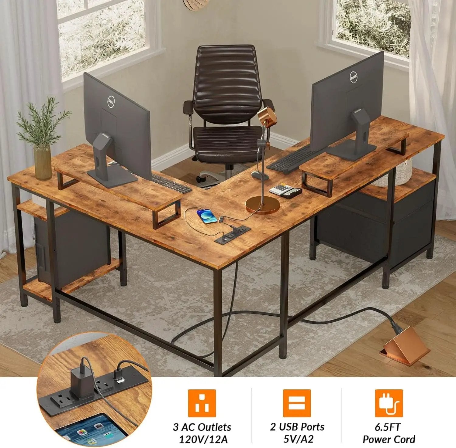 66 Inch Rustic Brown L Shaped Desk With Power Outlet from PriceLows™