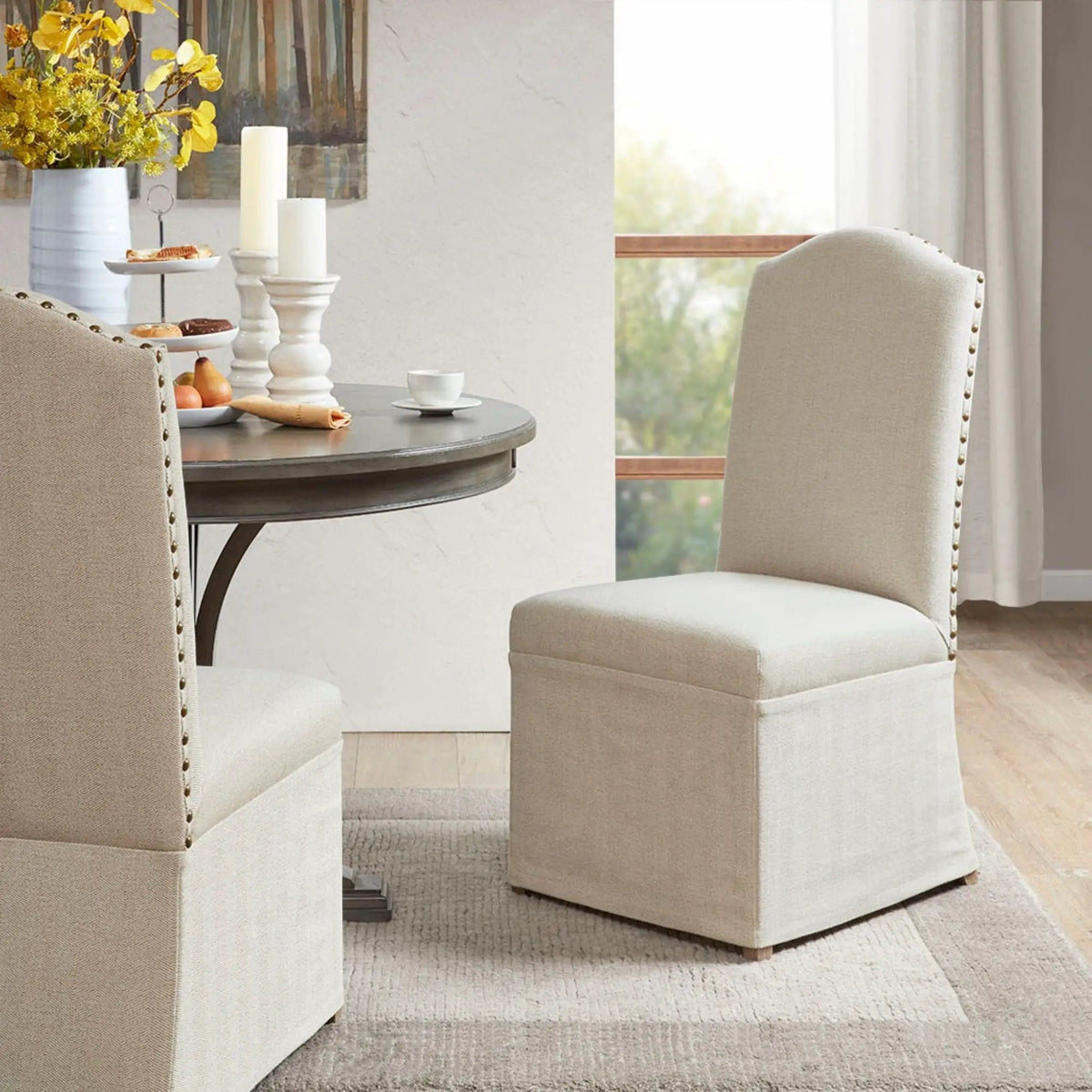 Dining Chairs With Skirts | Set Of 2 | Beige Farmhouse Style | Bronze Nailhead Trim