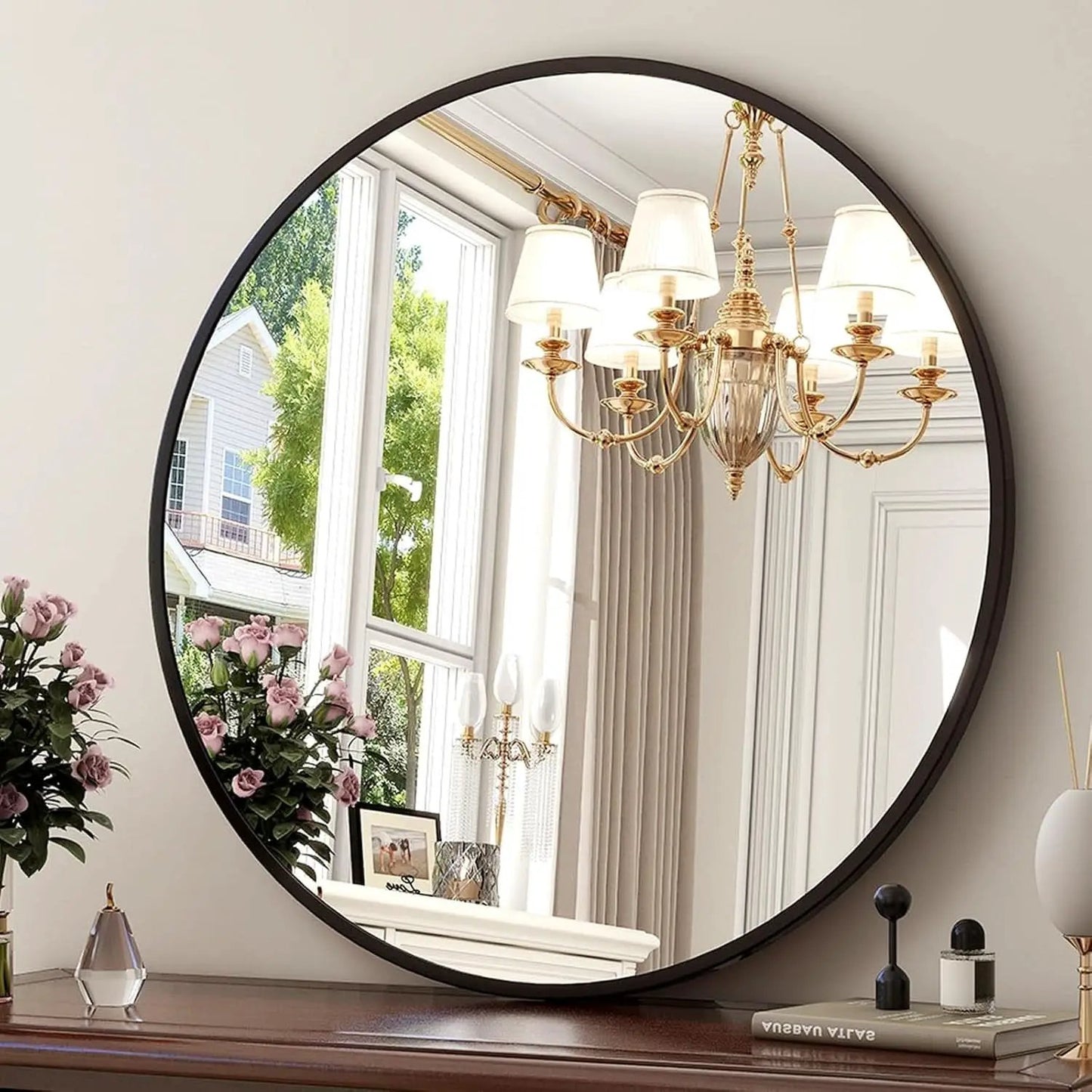 30 Inch Matte Black Round Wall Mirror Bathroom Decor from PriceLows™