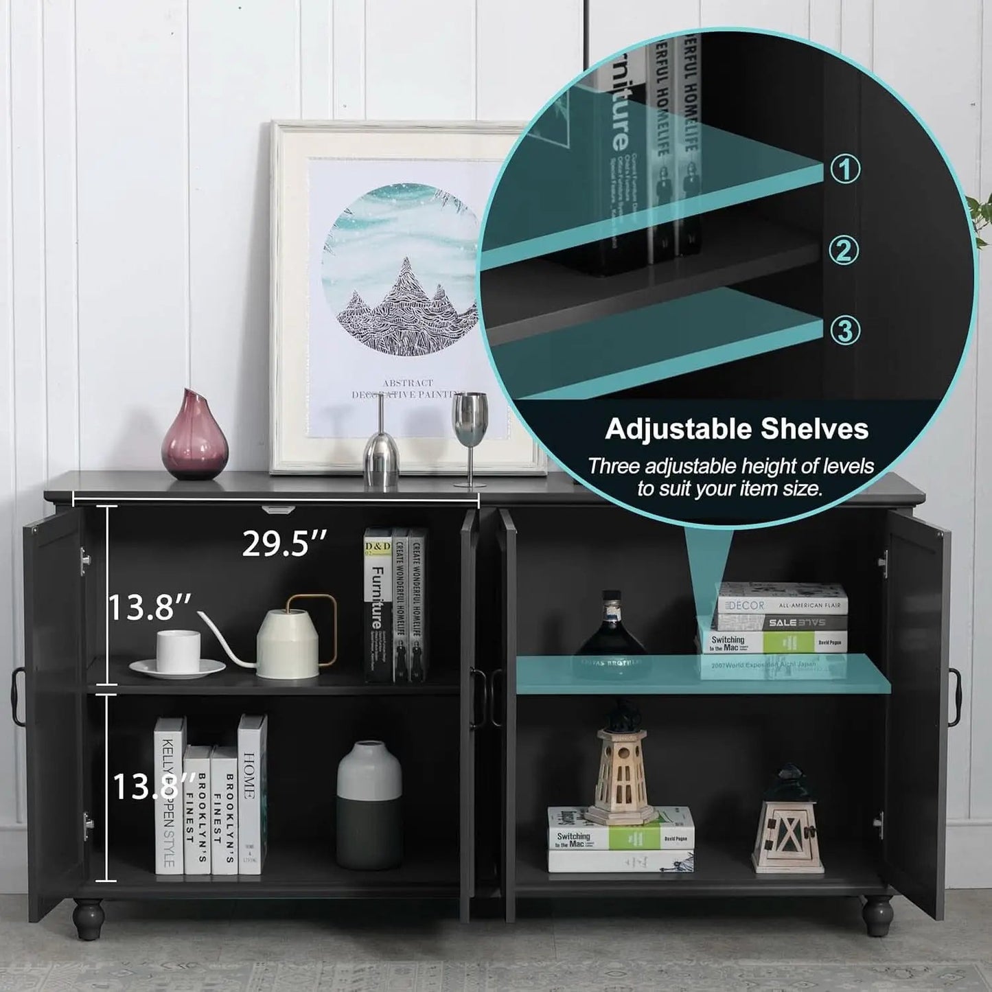 Black 62 Inch Coffee Bar Cabinet Four Doors Storage from PriceLows™