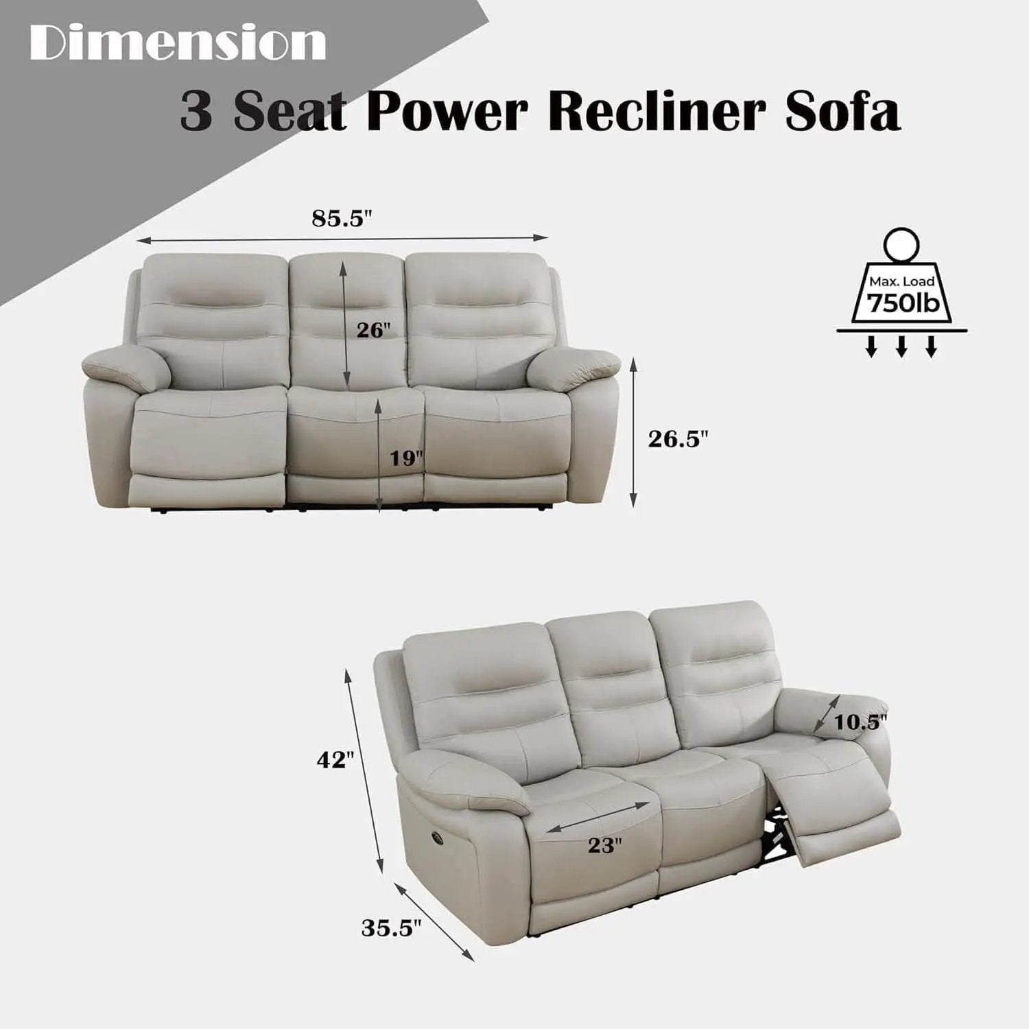 Power Reclining Leather Sofa Set With USB Port Light Grey from PriceLows™