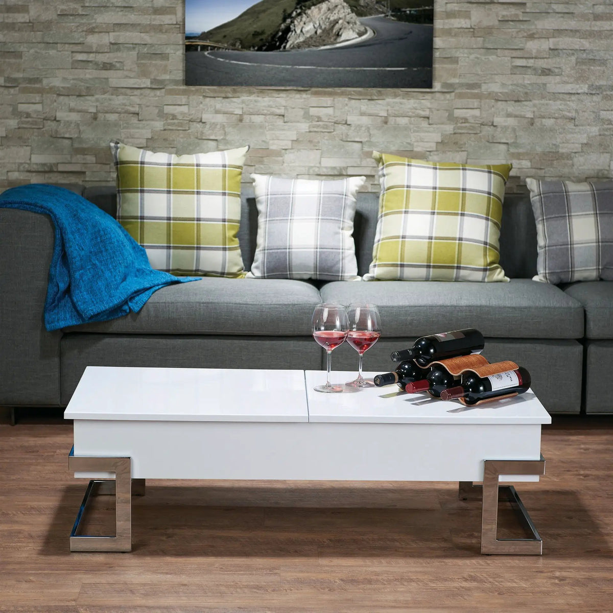Calmam Lift Top Coffee Table | High Gloss Finish | 47 Inch Width | Geometric Metal Base