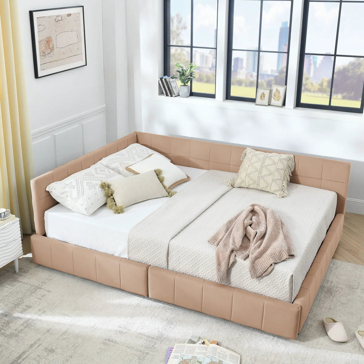 Mid-Century Storage Bed Frame | Upholstered Tufted Design | Backrest And Armrests | Bed Or Sofa Use