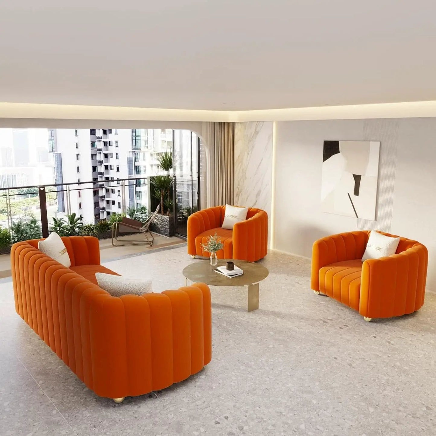 Orange Velvet Tufted Sofa Set With Gold Ball Legs Modern from PriceLows™