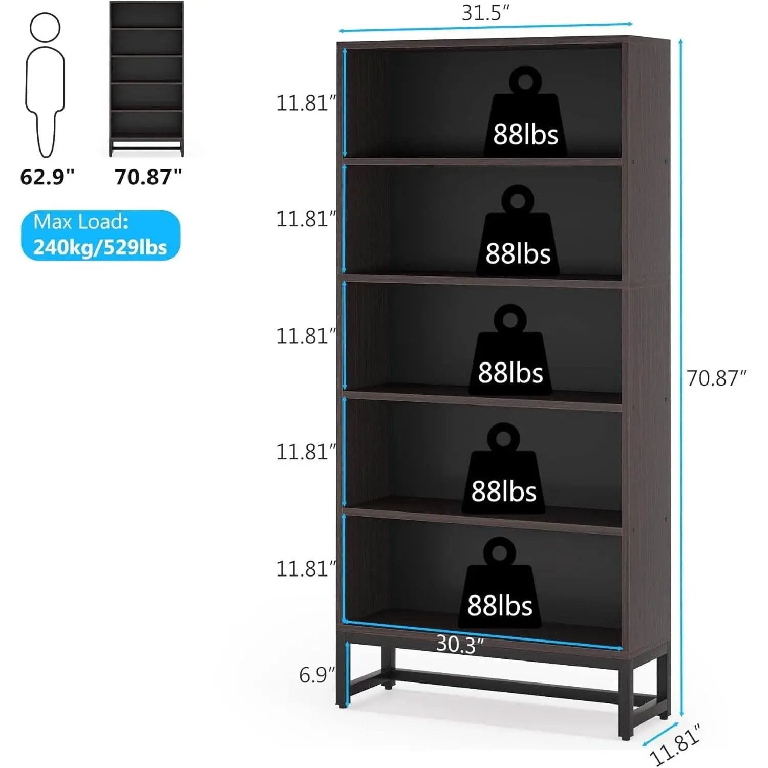 Tall Bookcase And Bookshelf 70.8 Inch Sandalwood Shelving from PriceLows™