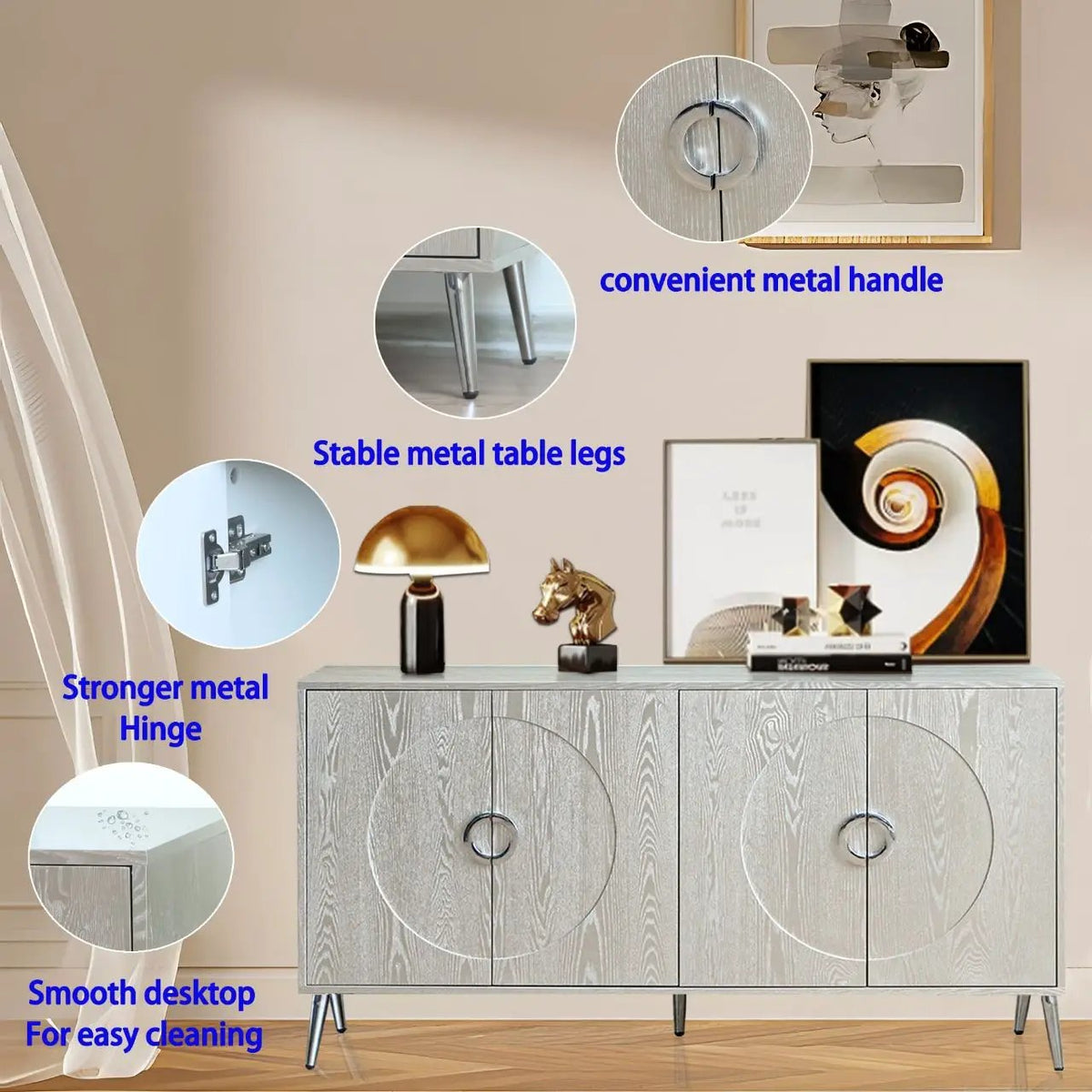 Lacquered 4 Door Sideboard Buffet | Matte Navy Finish | Solid Wood Veneer | Metal Legs