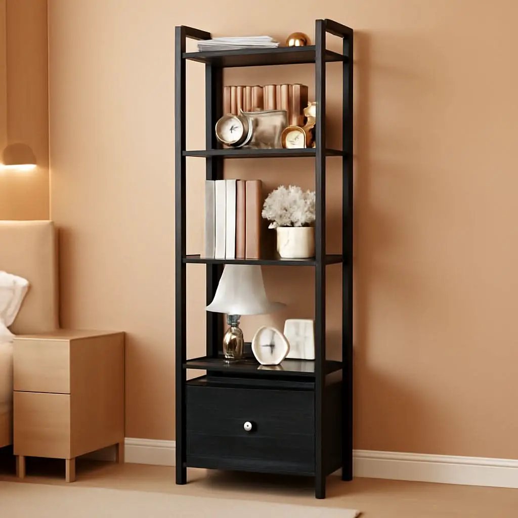 5 Tier Bookshelf With Drawer Black In Modern Rustic Style from PriceLows™