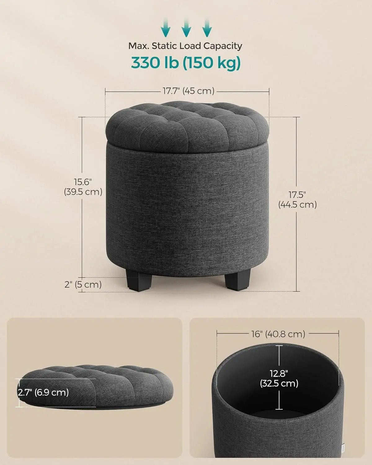 Dark Gray Round Ottoman 17InchesDiameter With Storage from PriceLows™