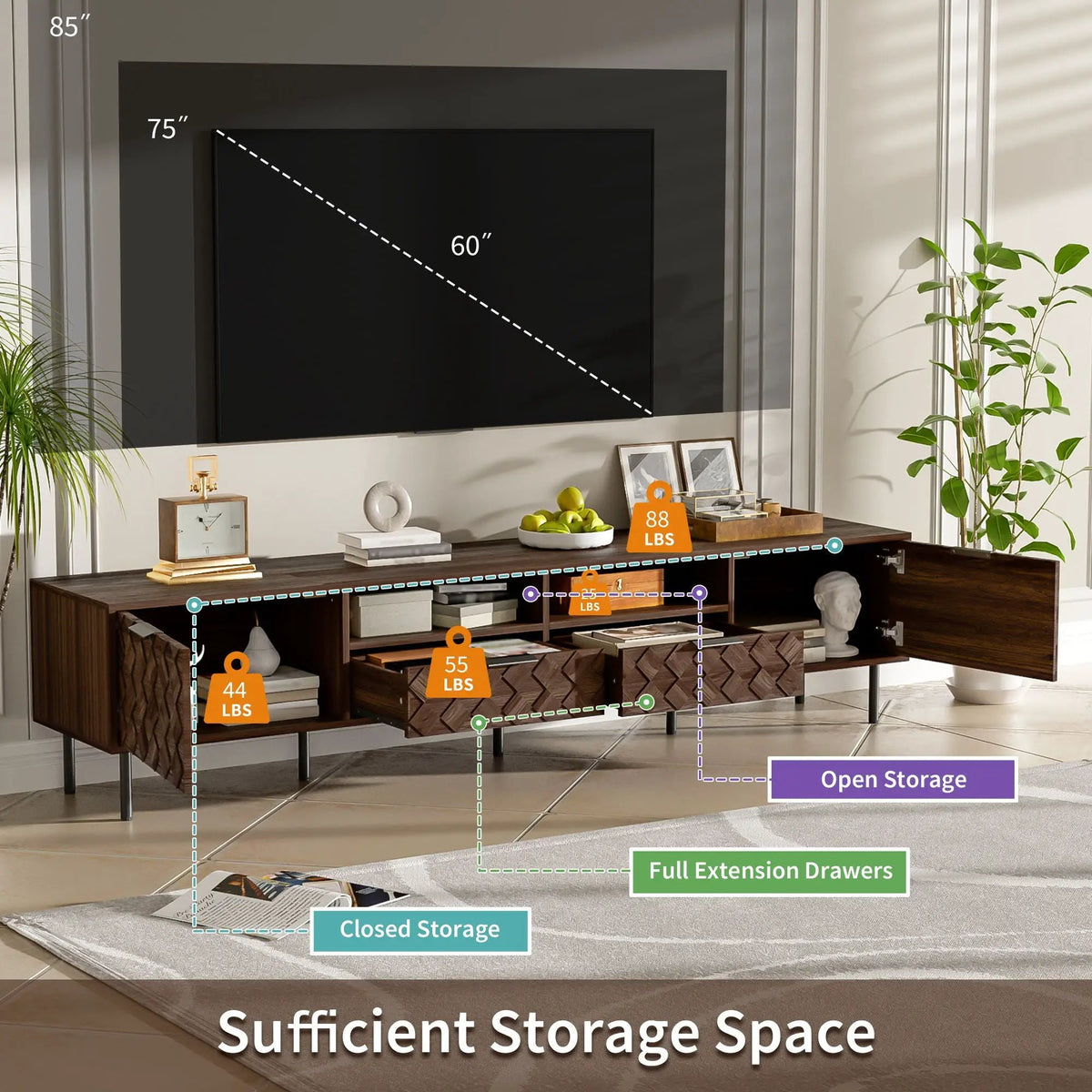85 Inch TV Stand | Closed Storage | 3D Diamond Interwoven Pattern | Soft Closing Hinges