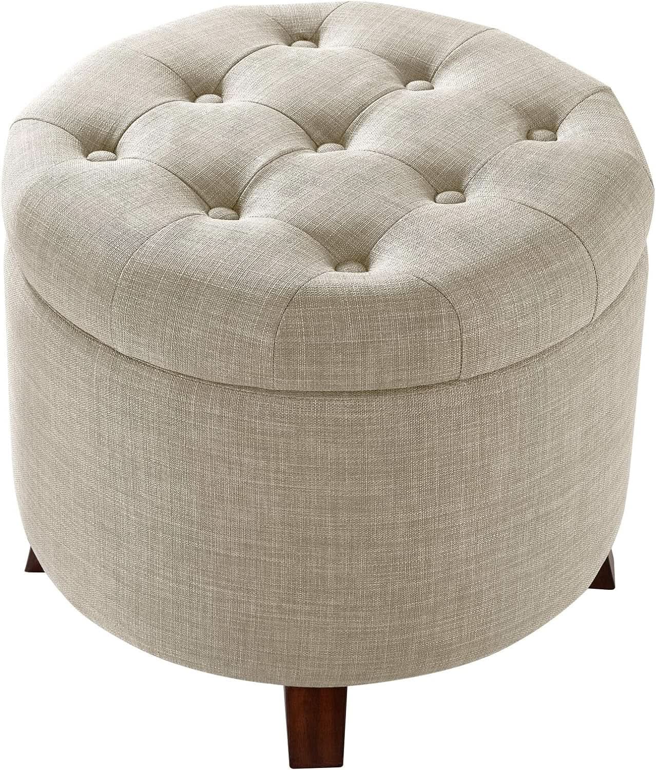 Beige Linen Round Storage Ottoman Featuring Tufting from PriceLows™