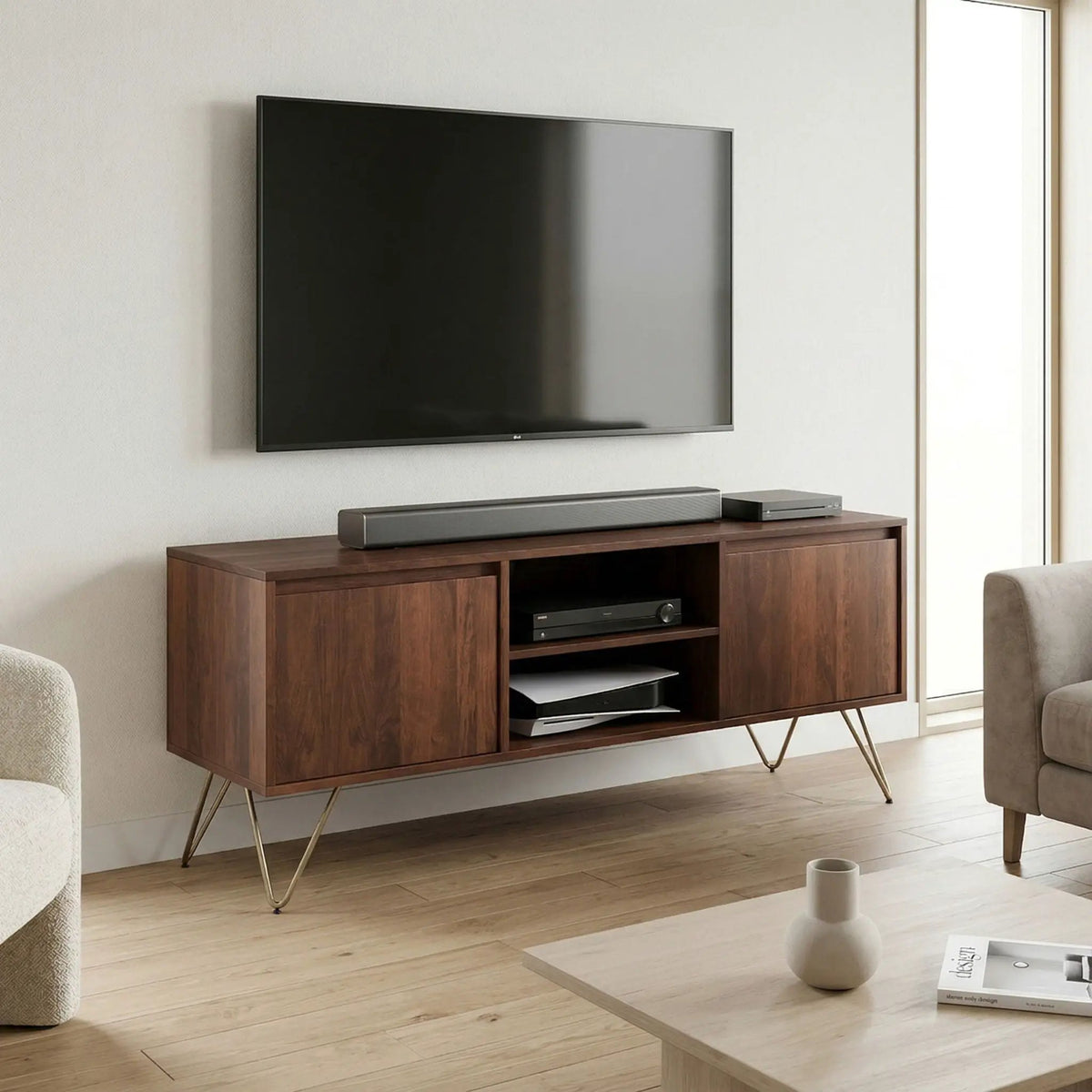 Hunter TV Media Stand | Solid Mango Hardwood | Umber Brown Stain | Two Side Cabinets
