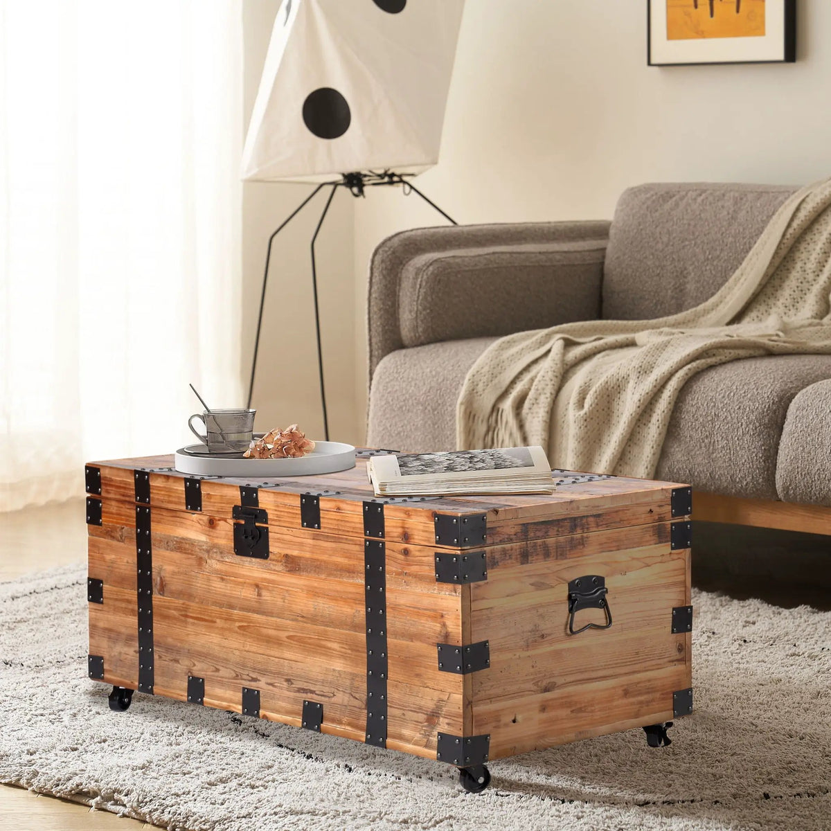 Trunk Coffee Table | Four Wheels | Large Storage Capacity | Natural And Black