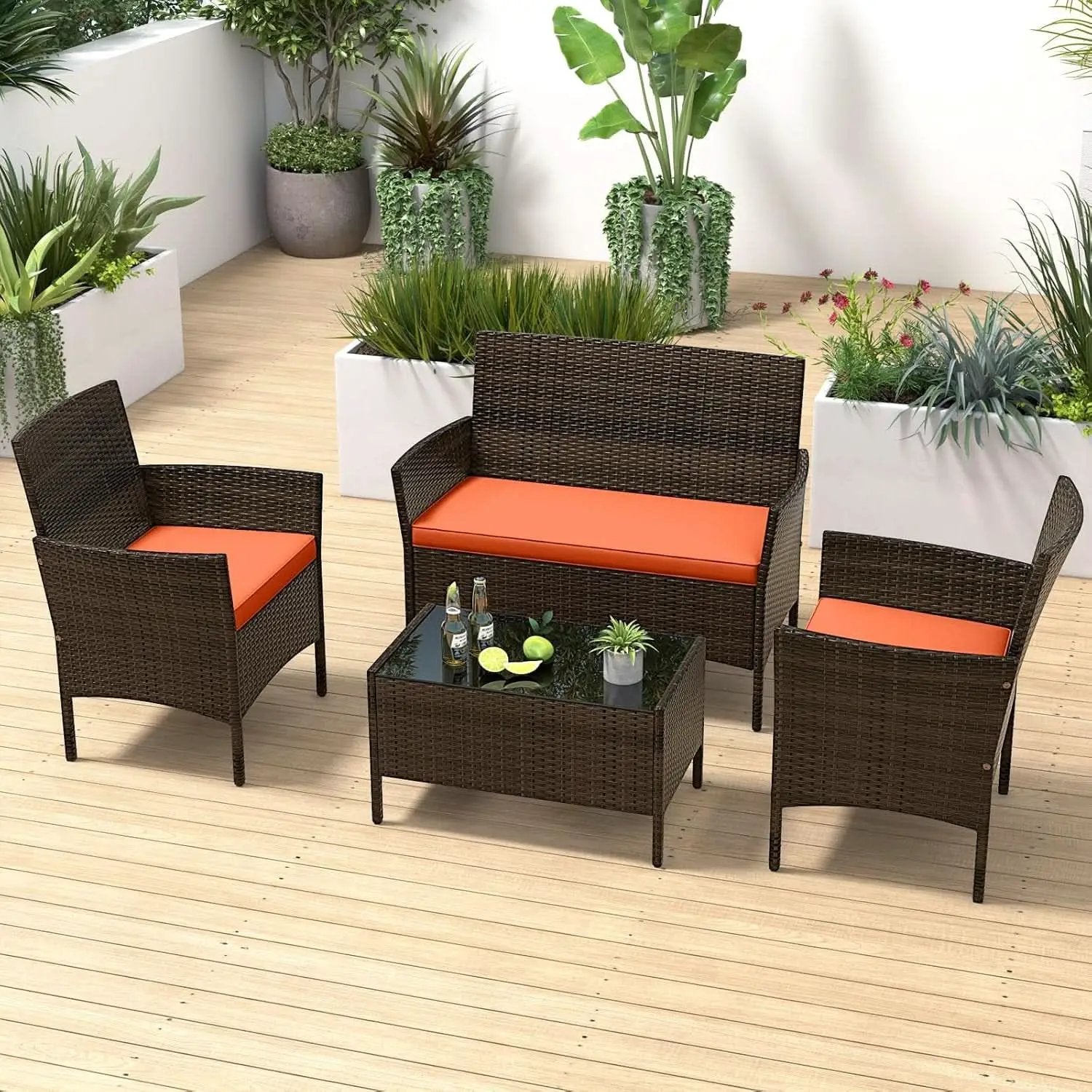 Elegant Rattan Patio Furniture Set with Cushions and Table from PriceLows™