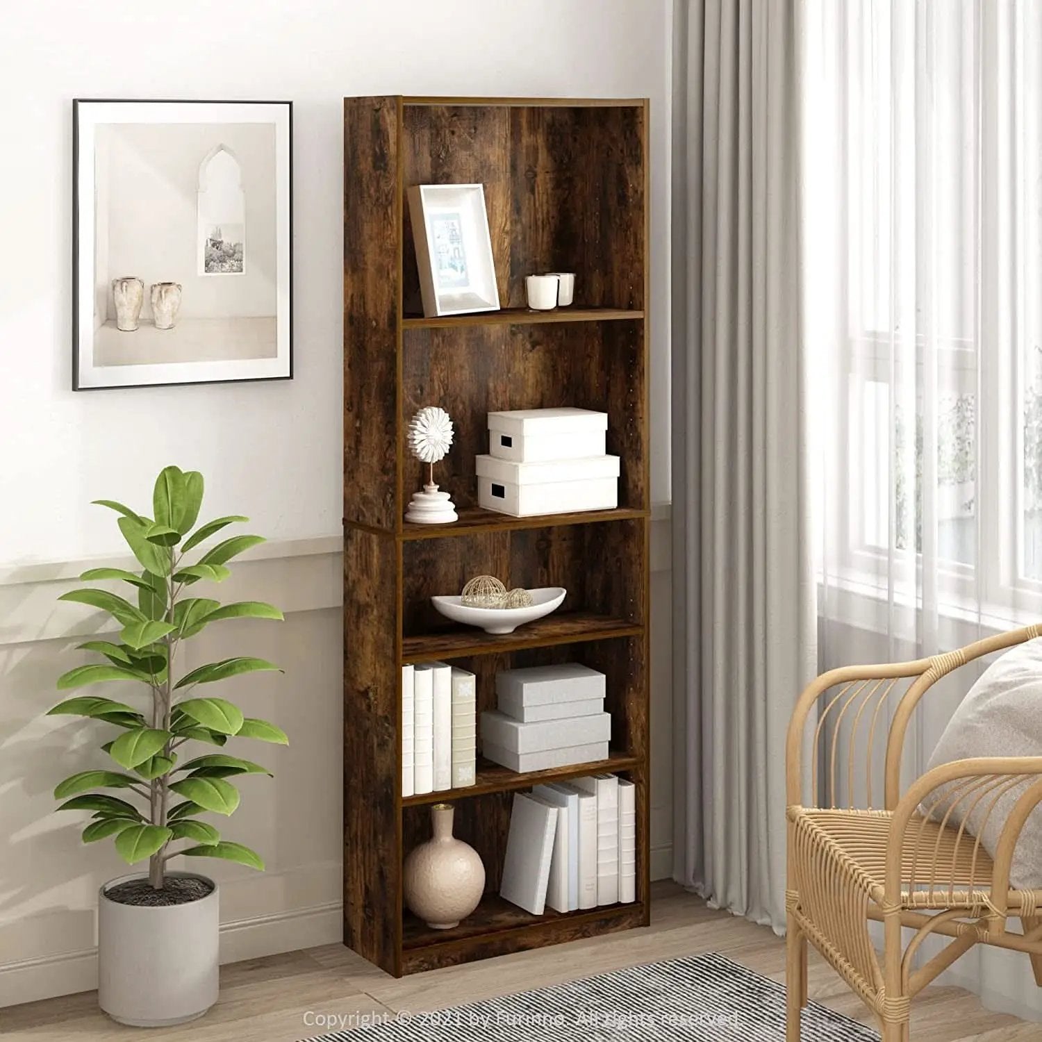 Amber Pine Adjustable 5-Tier Bookcase With Durable Shelves from PriceLows™