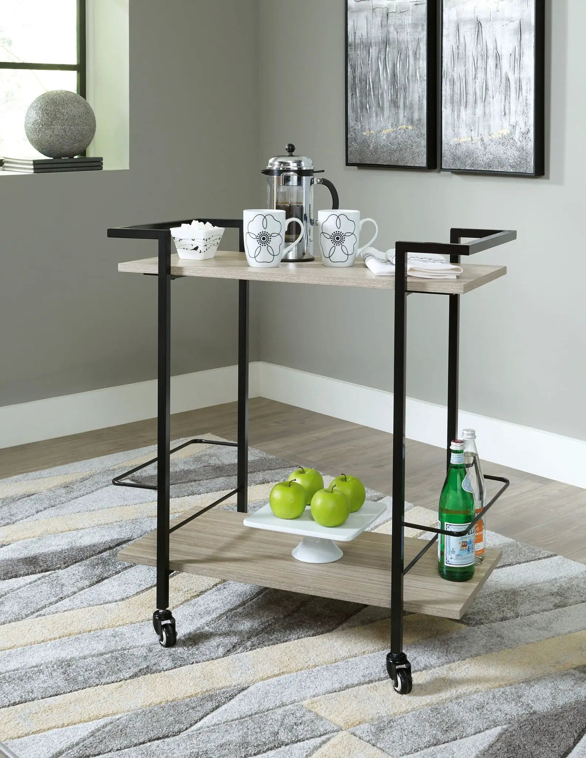Rolling Bar Cart | Melamine Wood Finish | Locking Casters | Bottle Holders