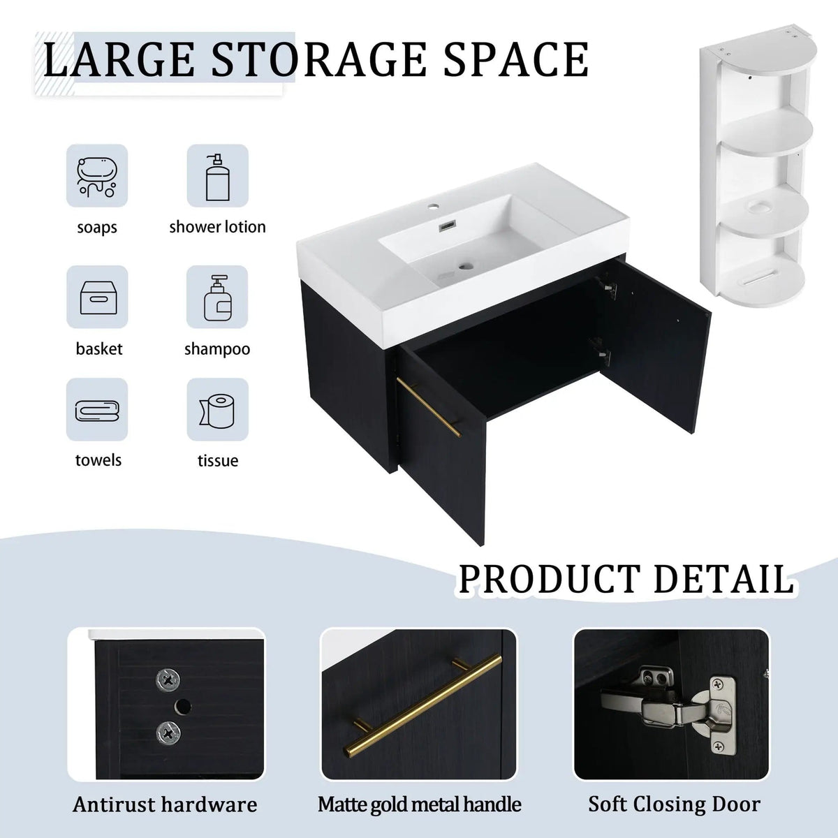 Modern Wall Mounted Bathroom Vanity With Thick Edge Resin Sink And Storage Rack | 3 Pieces | Stainless Steel & Plywood | Bathroom