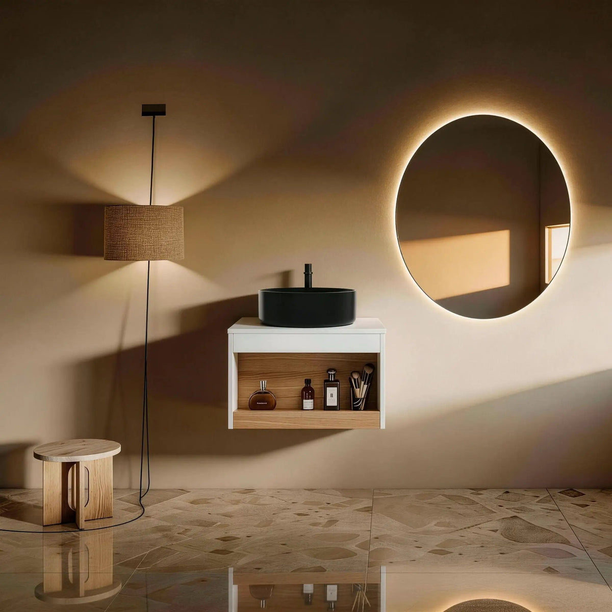 Floating Bathroom Vanity | Round Glossy Sink | Wall Mounted | Compact Design