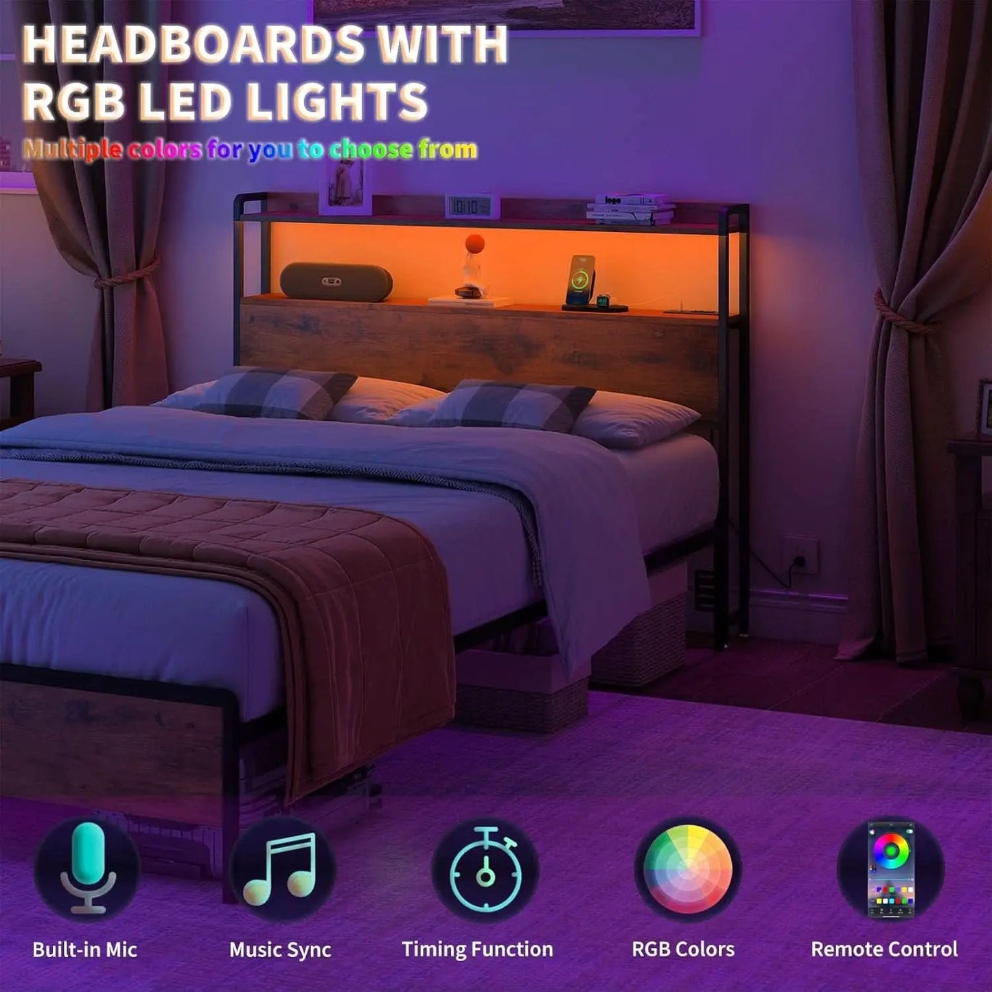 Adjustable Full Size Headboard with USB Ports and Storage from PriceLows™