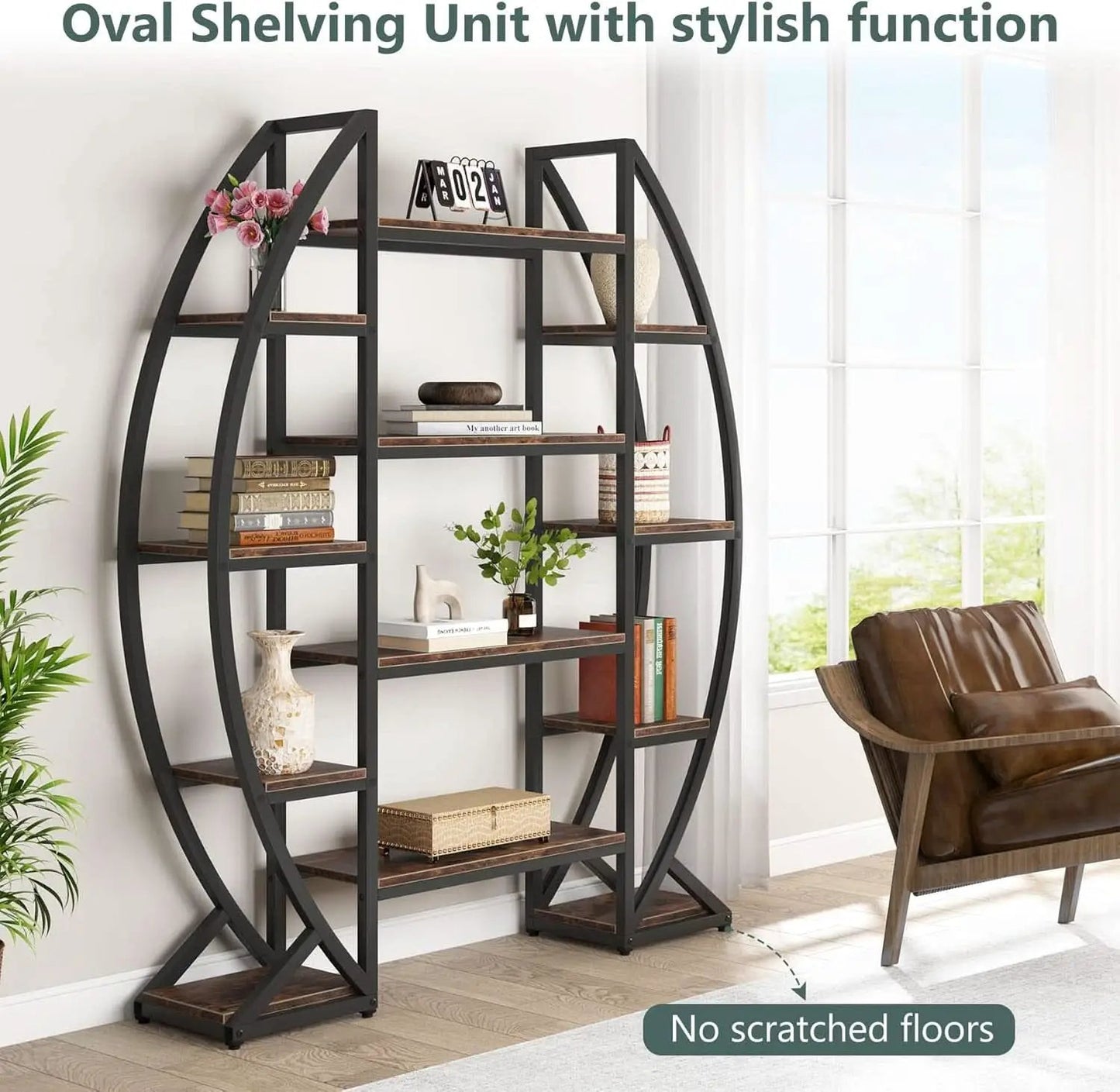 Oval 55 Inch Brown Industrial Display Etagere Bookcase from PriceLows™