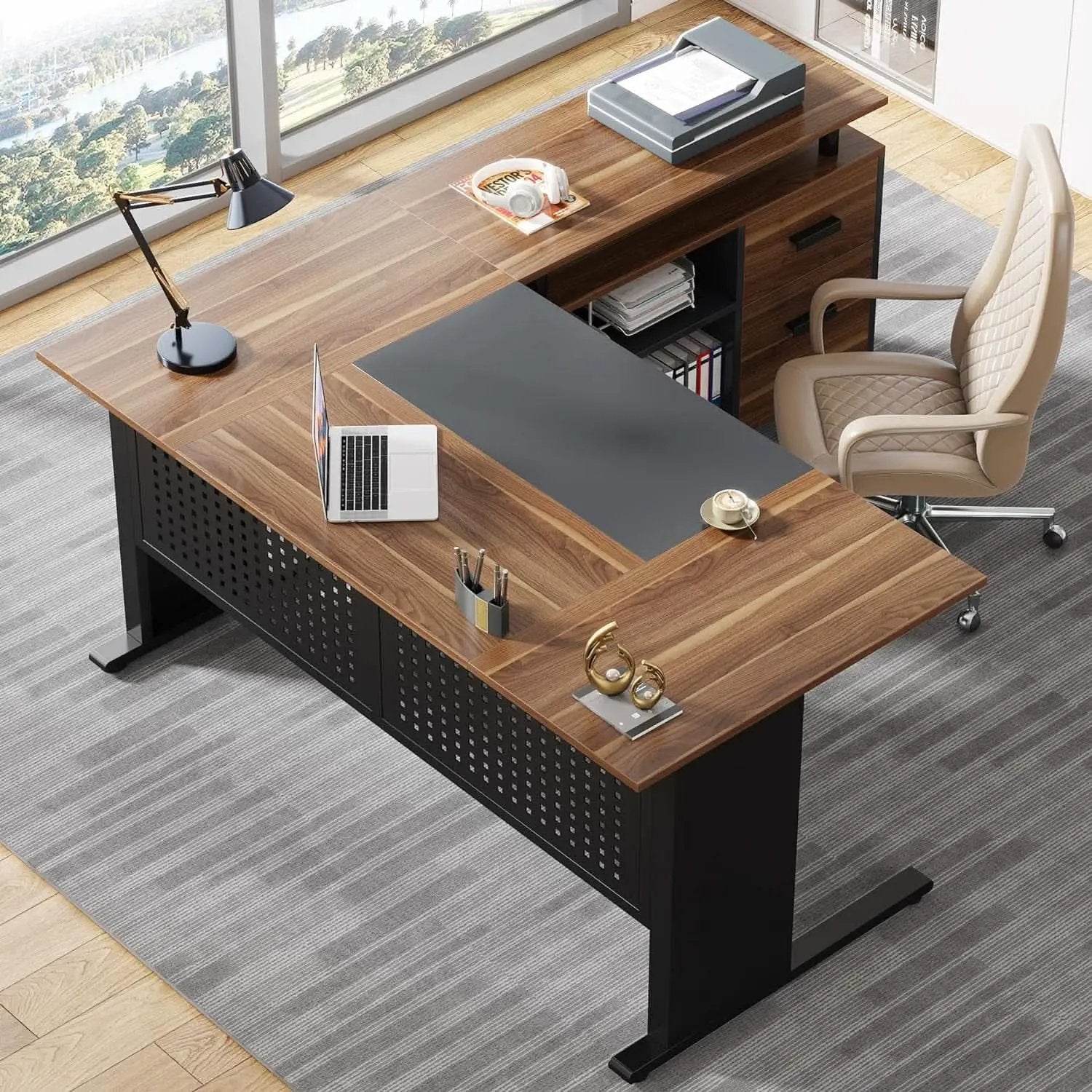 63 Inch L Shaped Desk With File Cabinet For Home Office from PriceLows™