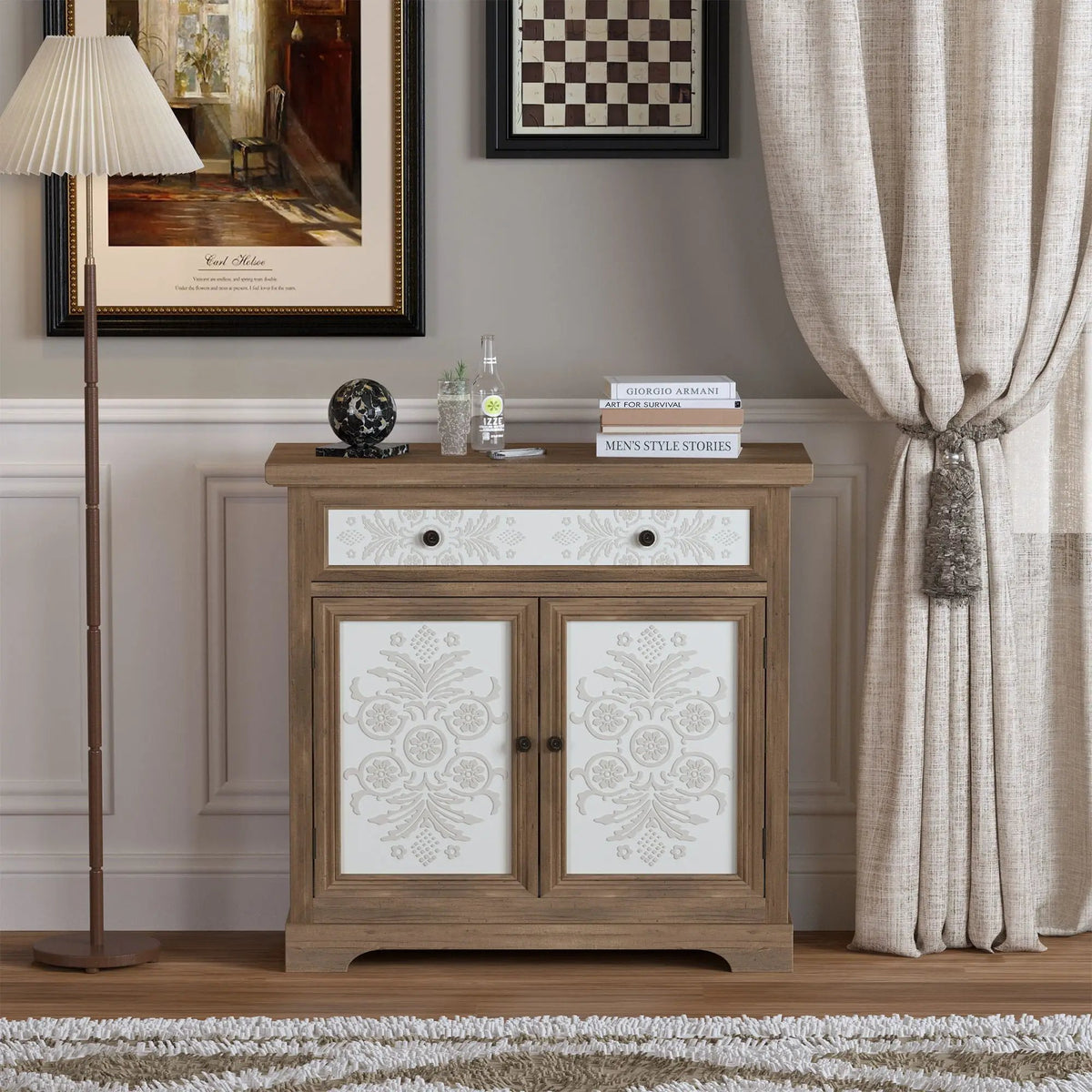 Accent Cabinet | Carved Floral Panels | Distressed Finish | Antique Brown