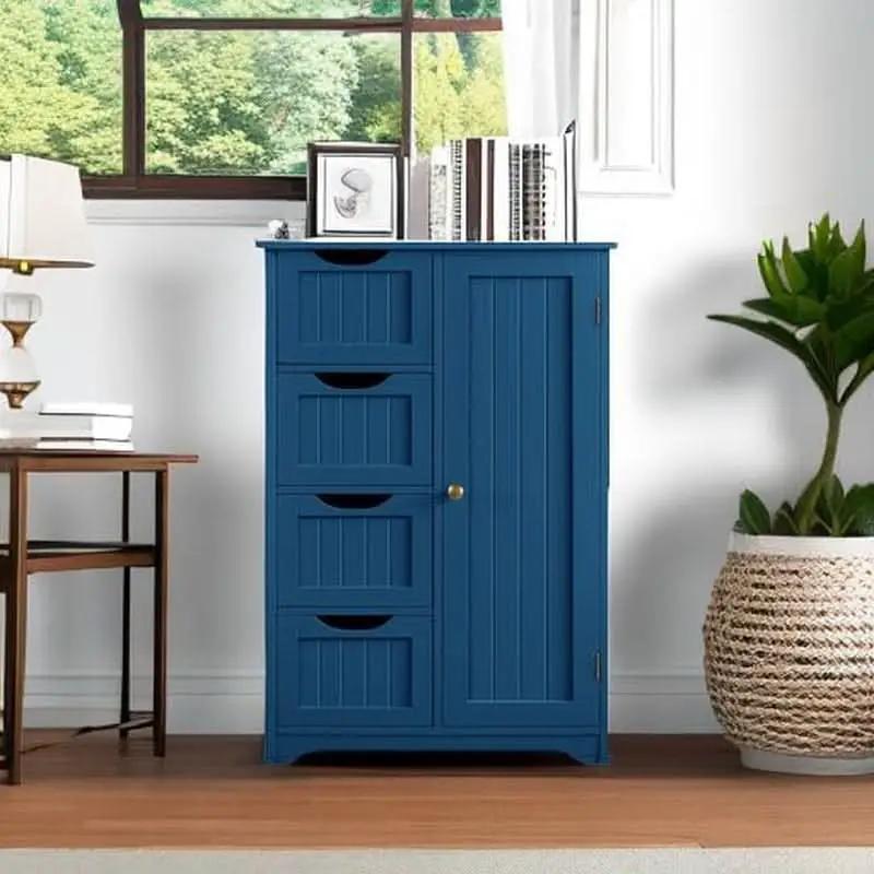Navy Blue Wooden Bathroom Floor Cabinet With 4 Drawers And Cupboard from PriceLows™