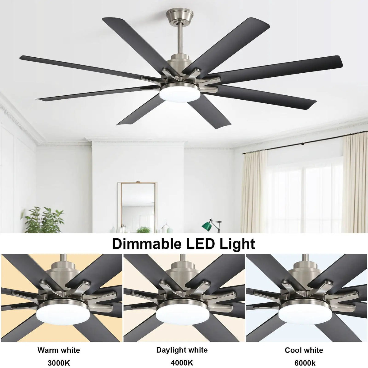 Ceiling Fan | 66 Inch | 8 Blade | Dimmable LED Light
