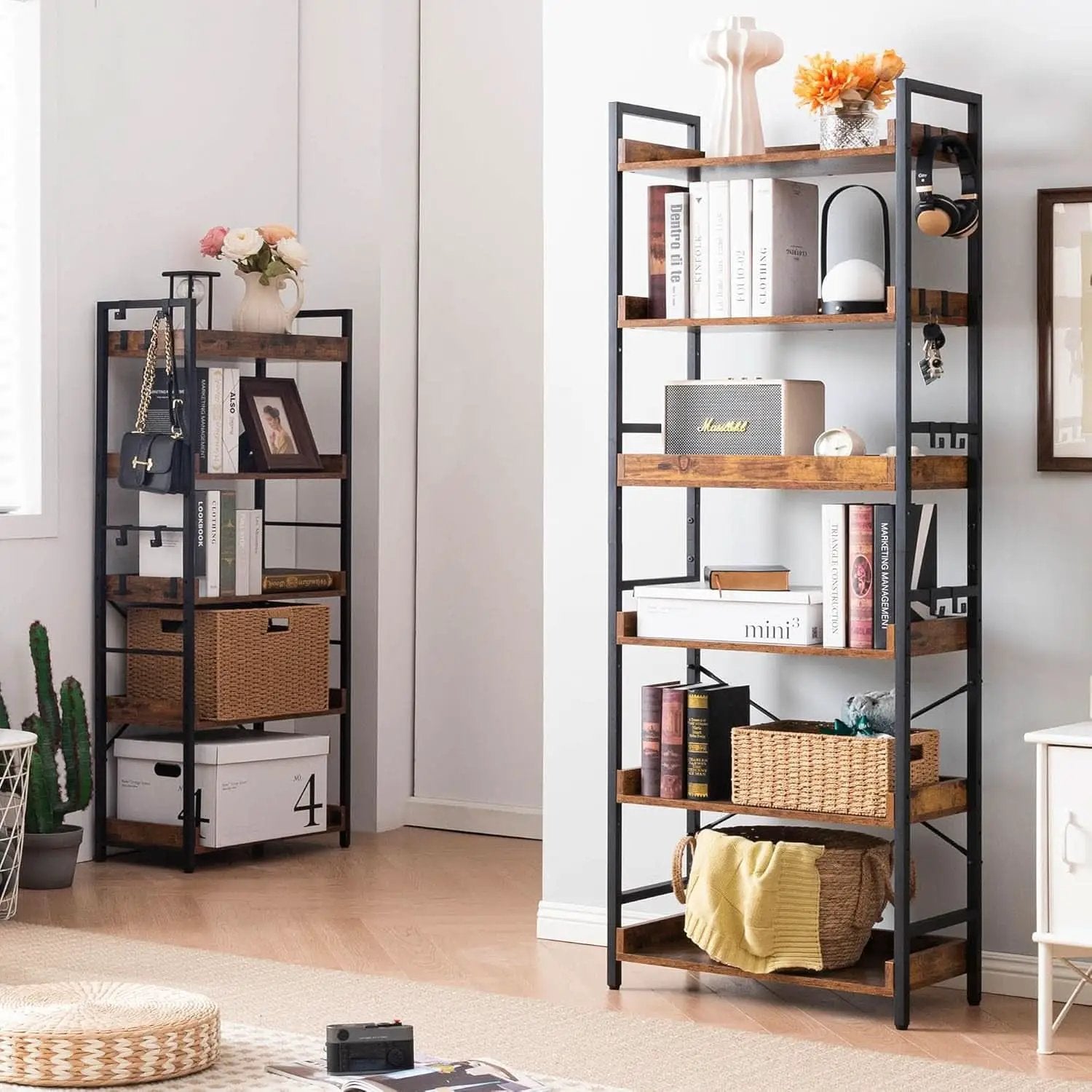 Adjustable Six Tier Industrial Wood Black Metal Bookcase from PriceLows™