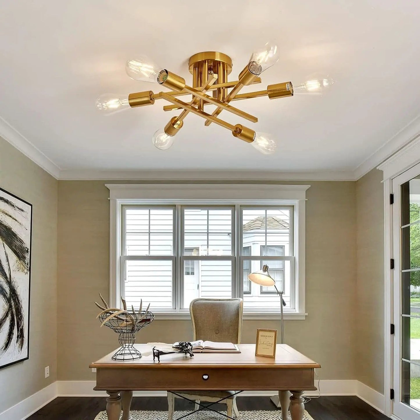 Gold Sputnik Chandelier Semi Flush Mount Ceiling Light from PriceLows™