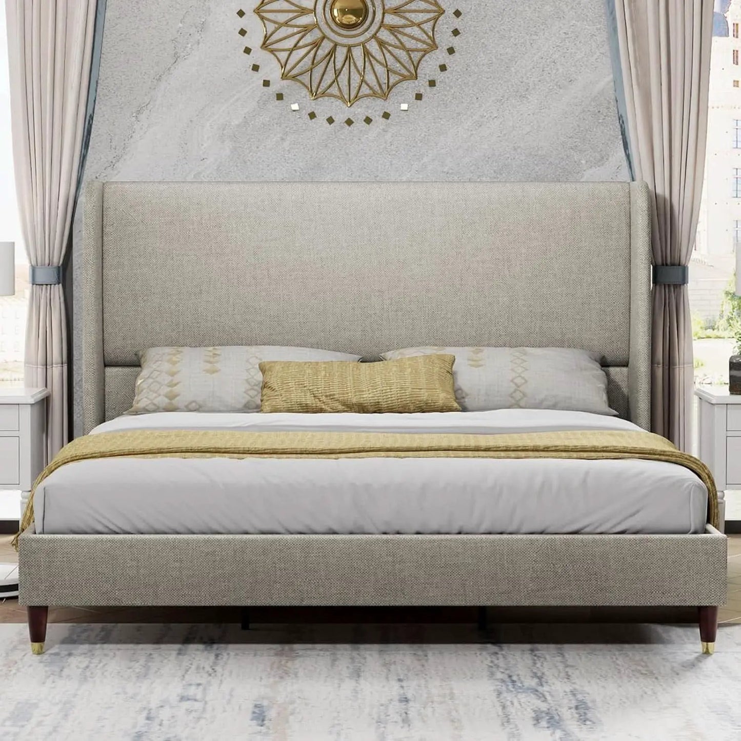 King Size Wingback Headboard Upholstered Bed Frame Khaki from PriceLows™