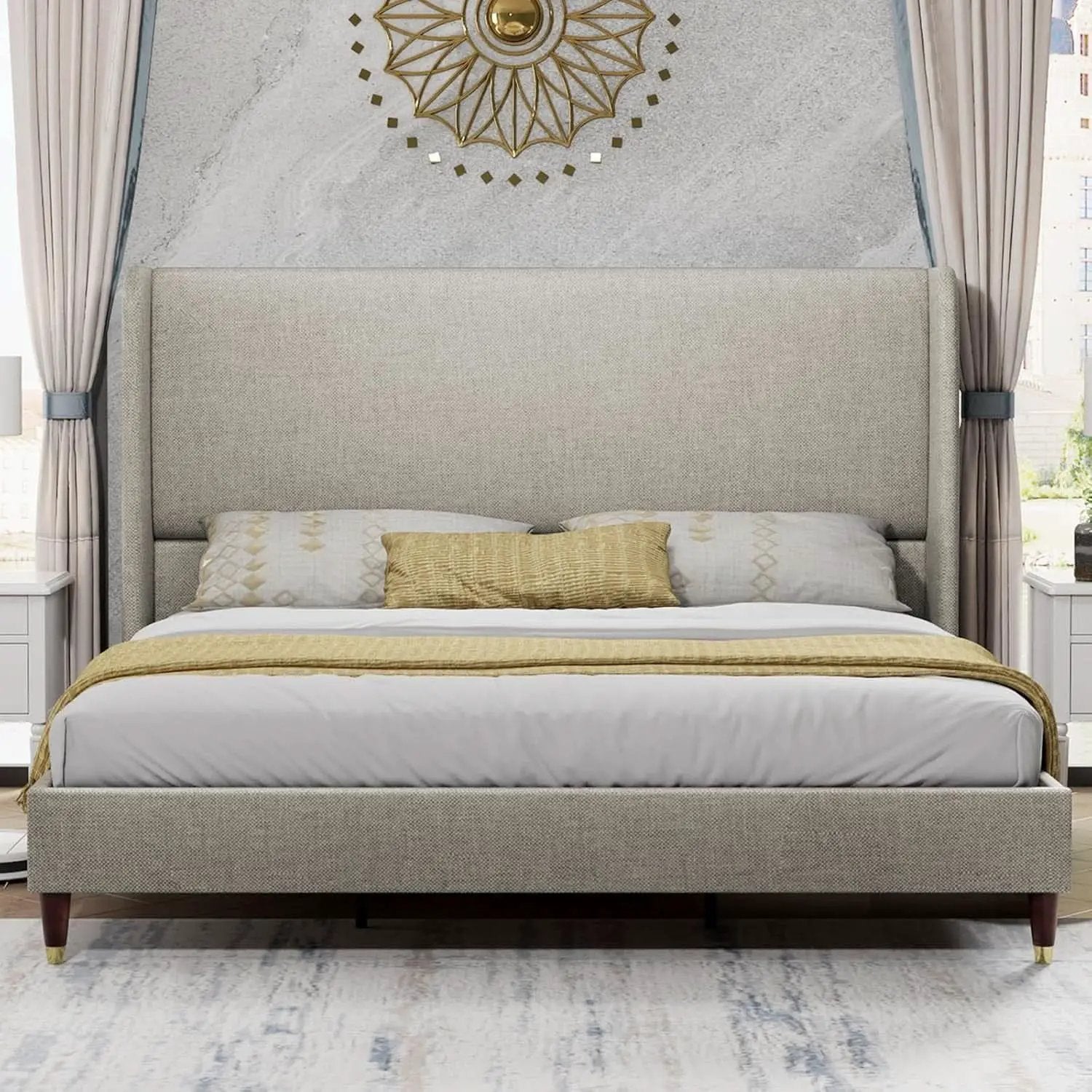 King Size Wingback Headboard Upholstered Bed Frame Khaki from PriceLows™