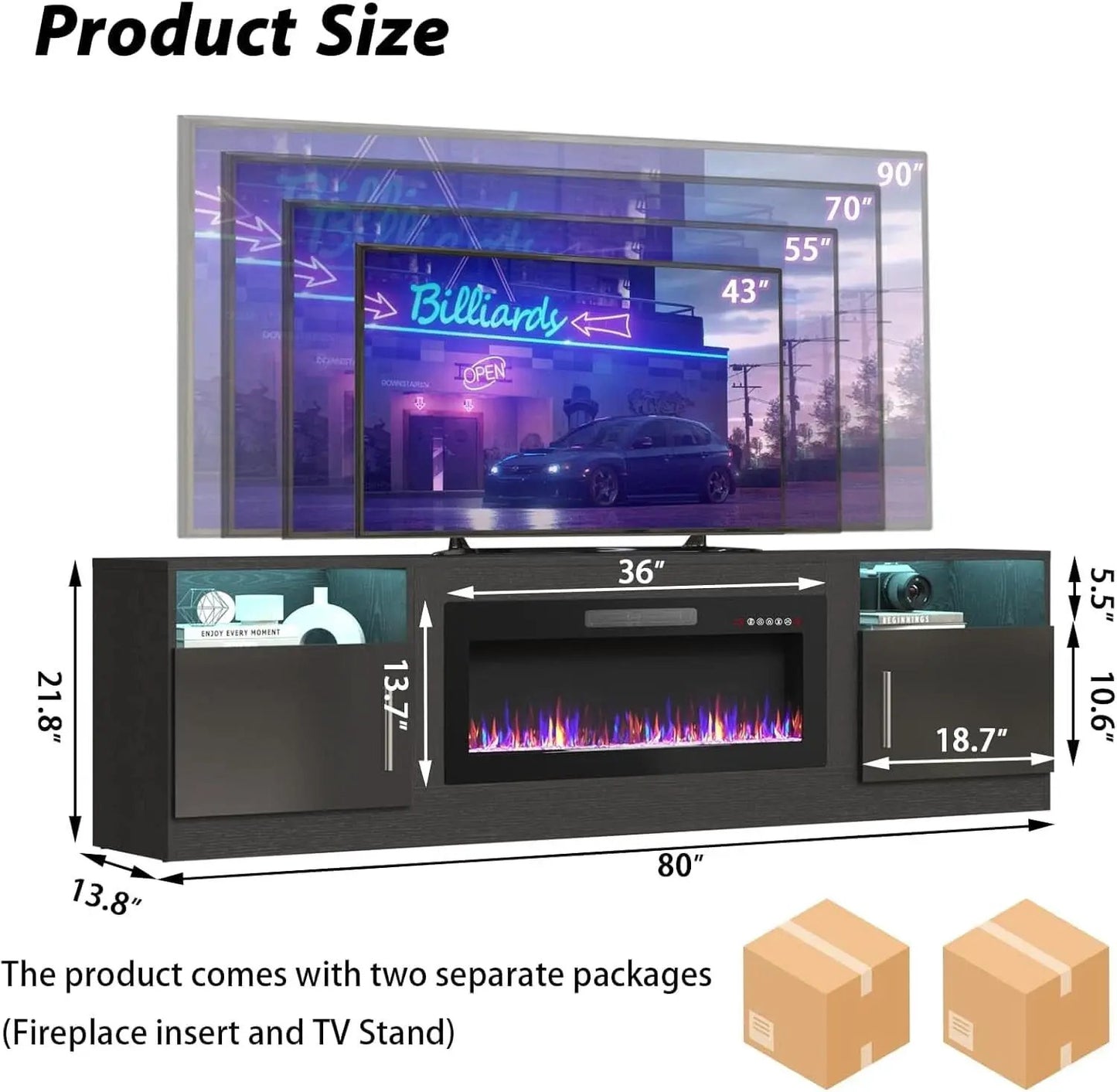 80 Inch TV Stand Electric Fireplace With LED Lighting Black from PriceLows™