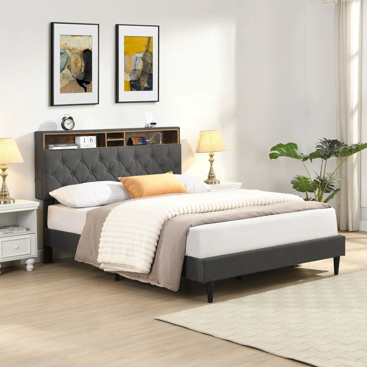 Upholstered Platform Bed Frame | Button Tufted Headboard | Two Storage Compartments | USB Ports And Outlets