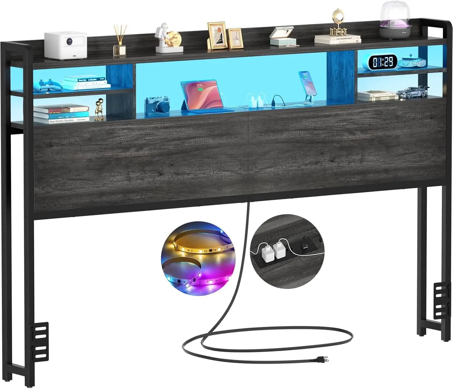 Modern Queen Size Headboard with Storage and USB Ports from PriceLows™