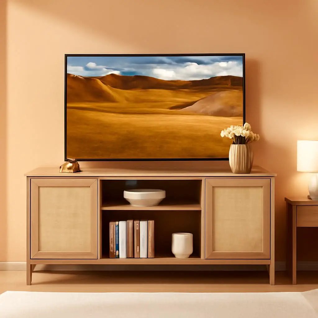 Boho Rattan TV Stand With Adjustable Shelves 59 Inch Oak from PriceLows™