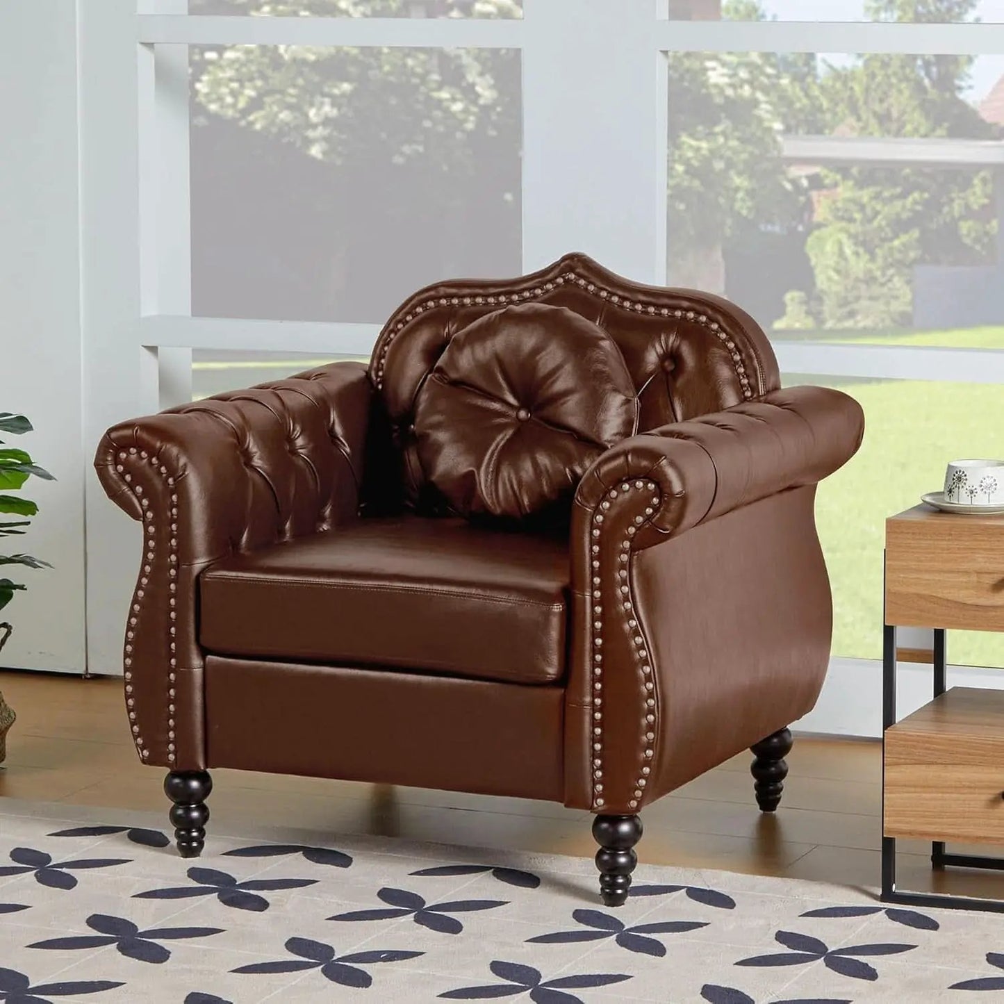 2 Piece Living Room Set Mid-Century Modern Chesterfield Chair Loveseat in Brown PU Leather Edition from PriceLows™