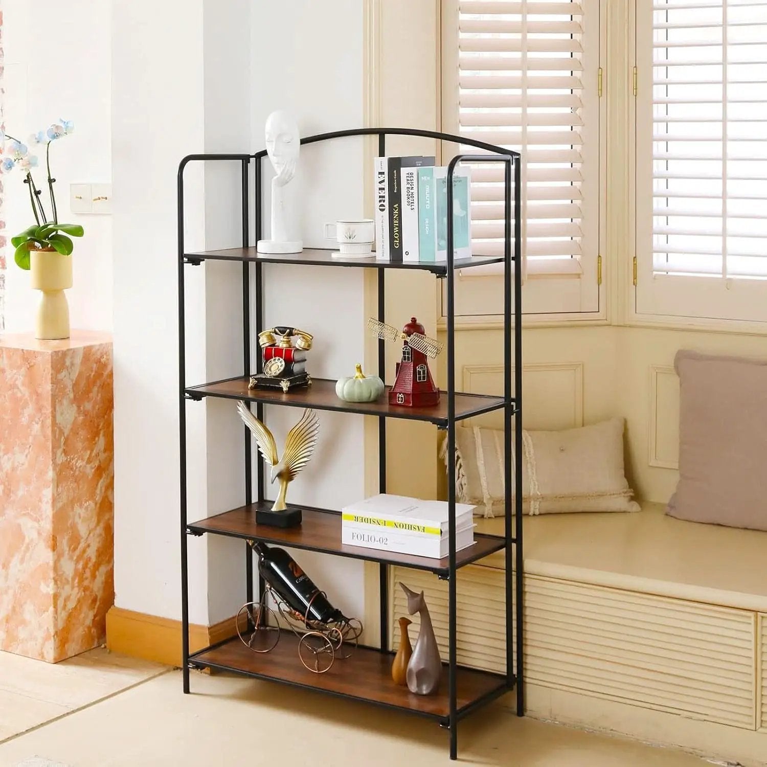 4 Tier Black Folding Bookshelf for Living Room Home Office from PriceLows™
