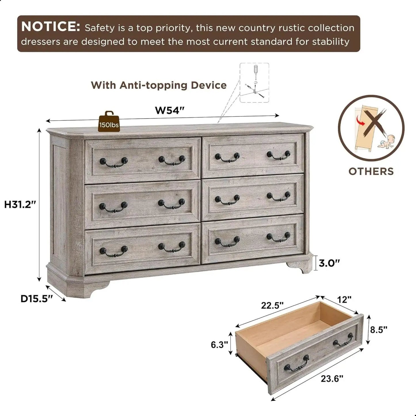 Farmhouse 54 Inch Rustic Dresser With Wood Texture from PriceLows™