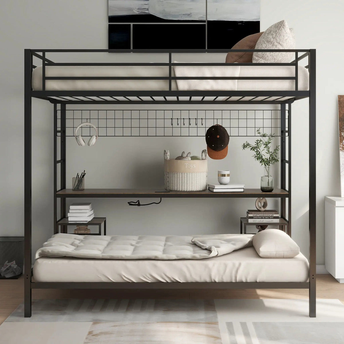 Ethan Bunk Bed With Desk, Charging Station, Storage Shelves | 2 Pieces | Metal | Bedroom