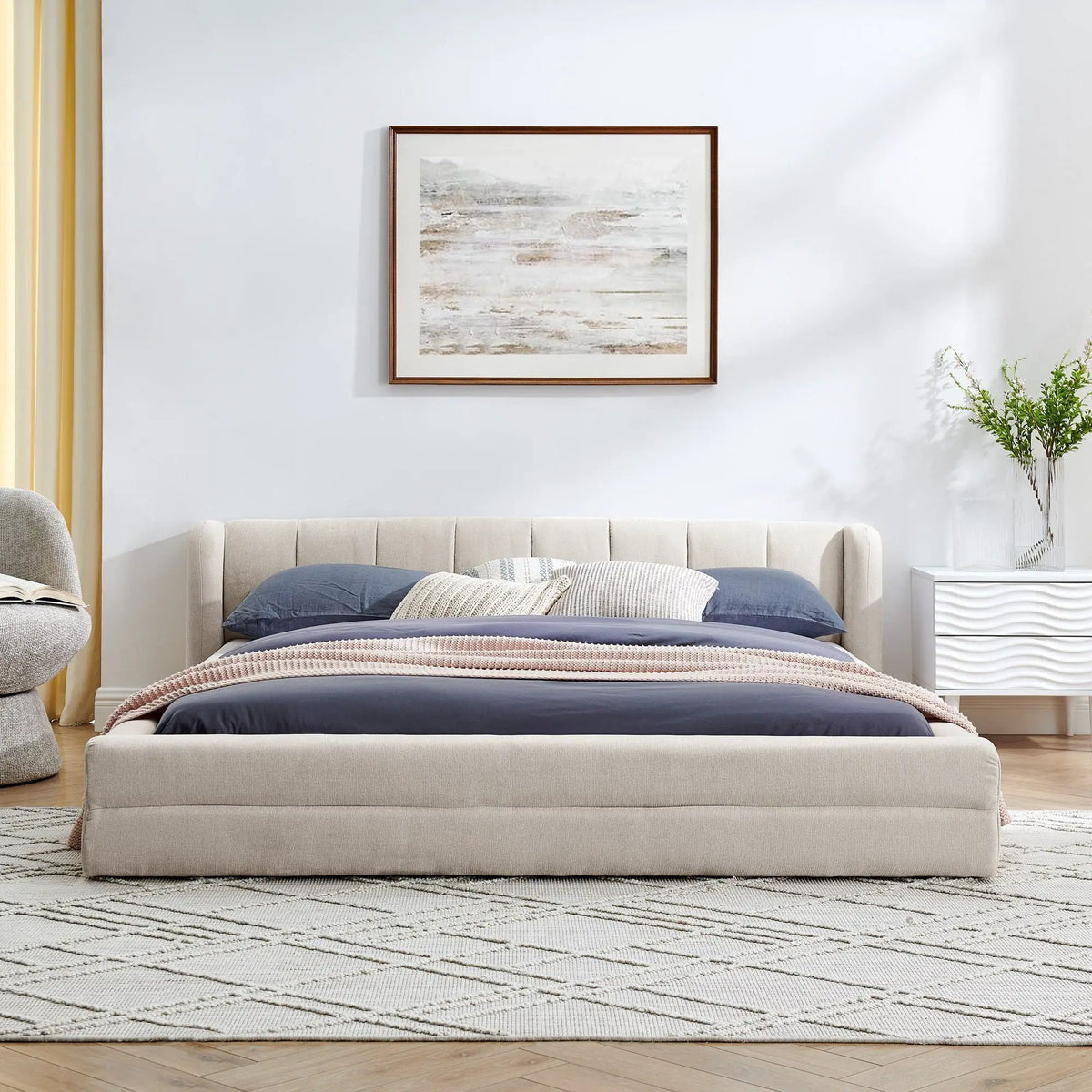 Modern Upholstered Bed Frame | Queen Size | Thick Fabric Upholstery | Grounded Headboard Design
